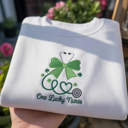 One Lucky Nurse St Patrick's Day Embroidered Sweatshirt, Irish Nursing Career Shirt, Green Stethoscope Apparel, Medical Crewneck Top