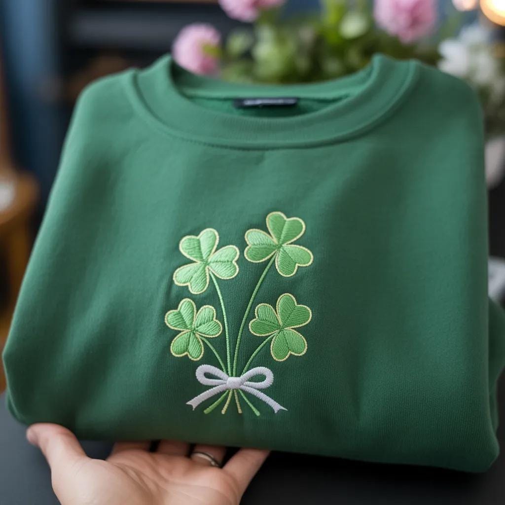 St Patricks Day Shamrock Bouquet Embroidered Shirt, Lucky Clover Apparel Top, Irish Flower Gift Shirt, Green Holiday Top, Lucky Apparel Top