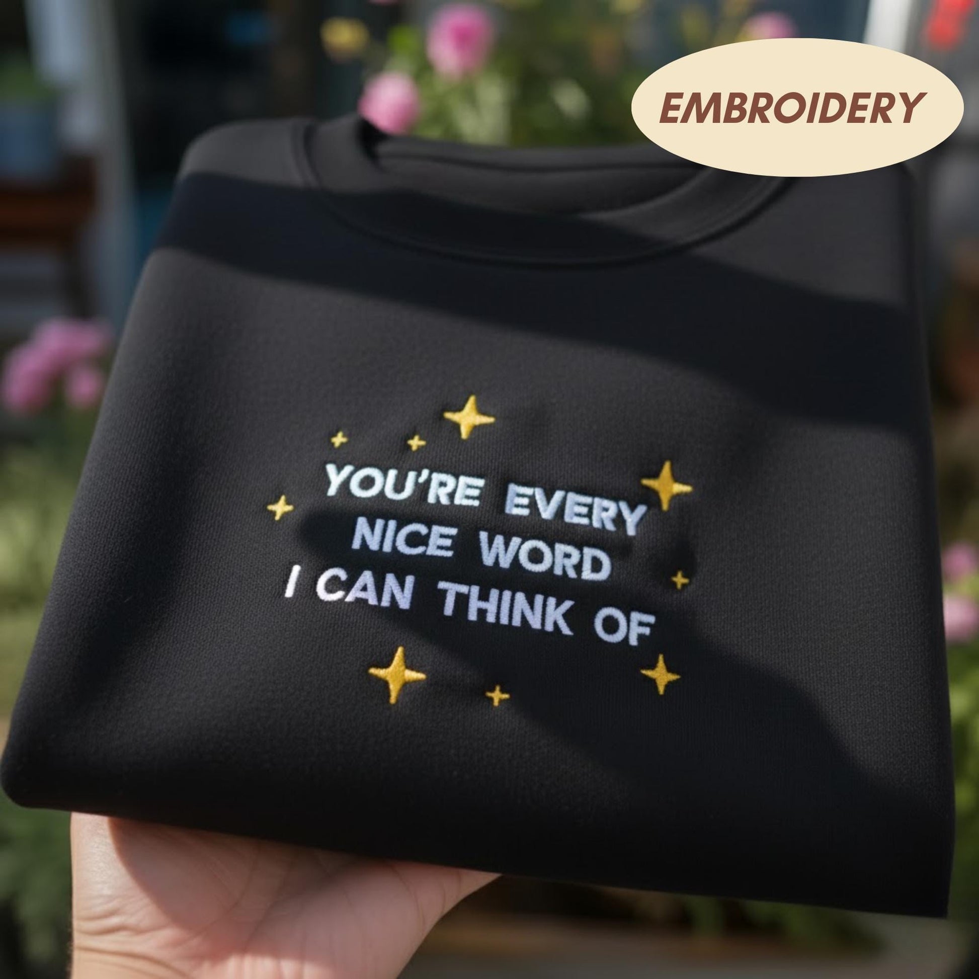 You're Every Nice Word I Can Think Of Sweatshirt, Embroidered Quote Crewneck, Aesthetic Star Shirt, Romantic Gift, Positivity Hoodie