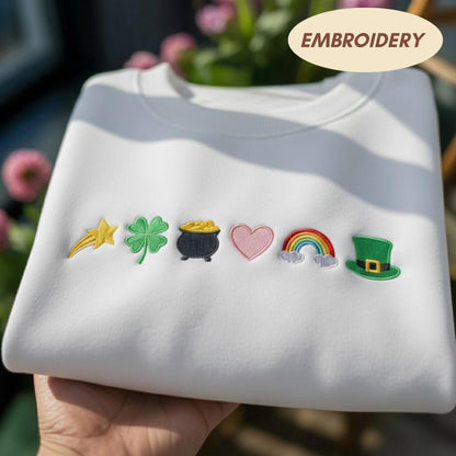 St Patrick's Day Icons Embroidered Sweatshirt, Lucky Shamrock Rainbow Shirt, Pot of Gold Crewneck, Irish Holiday Apparel, Green Sweater