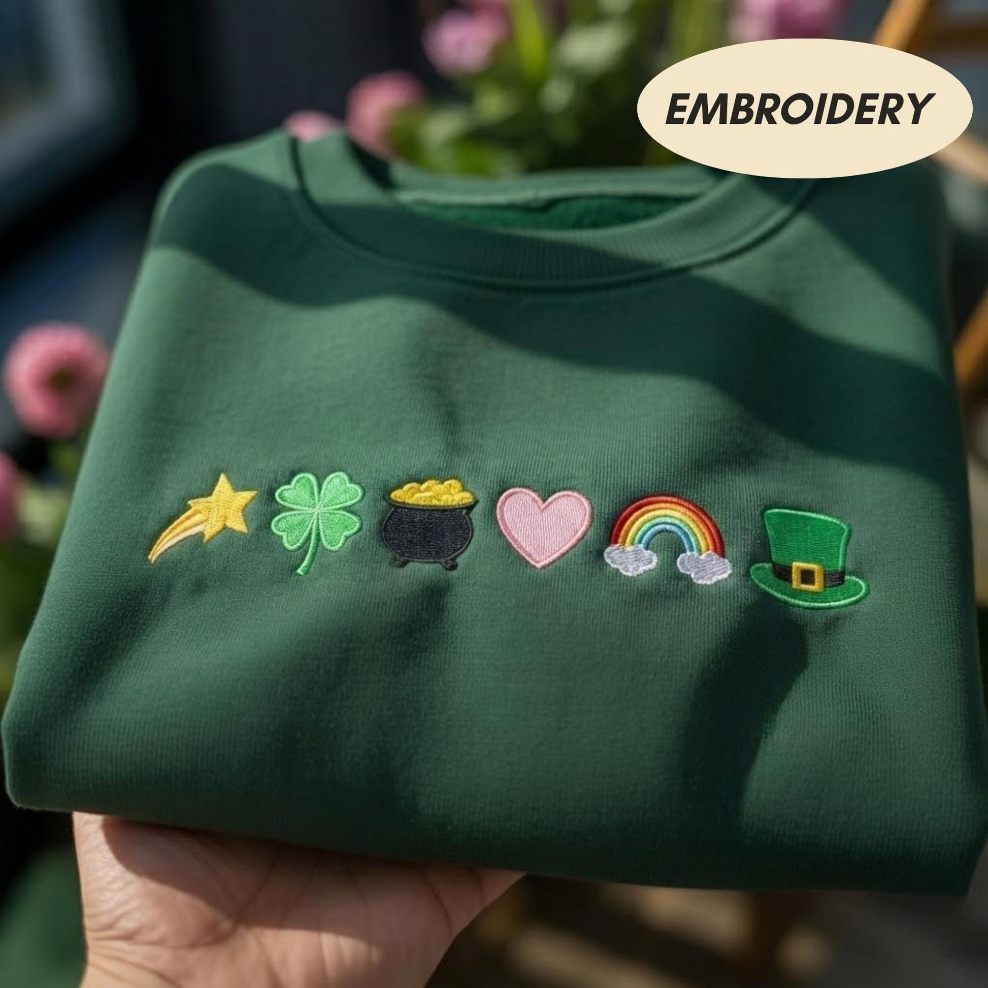 St Patrick's Day Icons Embroidered Sweatshirt, Lucky Shamrock Rainbow Shirt, Pot of Gold Crewneck, Irish Holiday Apparel, Green Sweater