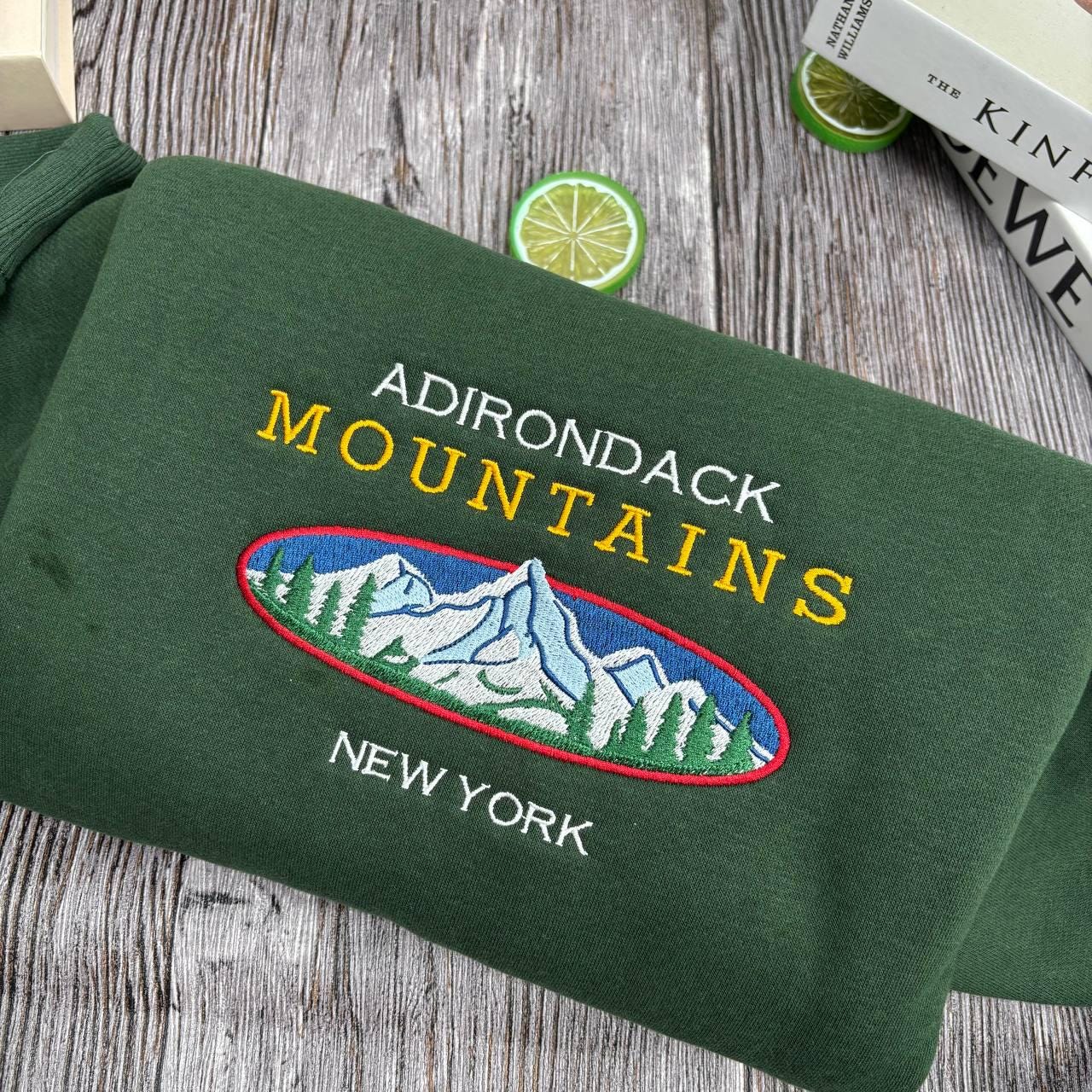 Adirondack Mountains New York Embroidered Sweatshirt, Nature Hiking Gift, Outdoor Adventure Crewneck, Adirondack Park Souvenir, NY Sweater