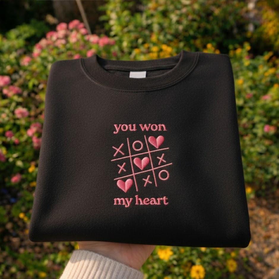 You Won My Heart Embroidered Shirt, Tic Tac Toe Valentine Love Design, Cute Valentine’s Day Couple Gift