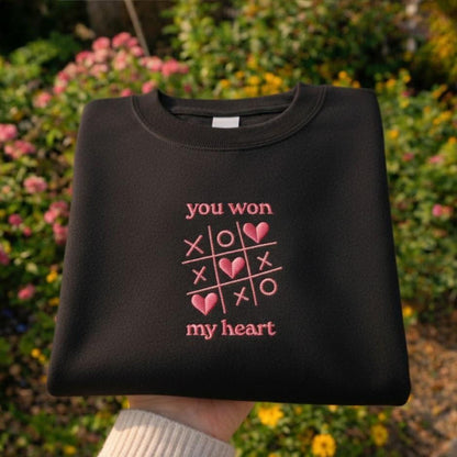 You Won My Heart Embroidered Shirt, Tic Tac Toe Valentine Love Design, Cute Valentine’s Day Couple Gift