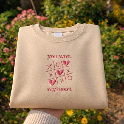 You Won My Heart Embroidered Shirt, Tic Tac Toe Valentine Love Design, Cute Valentine’s Day Couple Gift