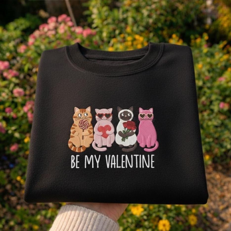 Be My Valentine Embroidered Cat Shirt, Cute Valentine Cats Love Design, Valentine’s Day Gift for Cat Lovers