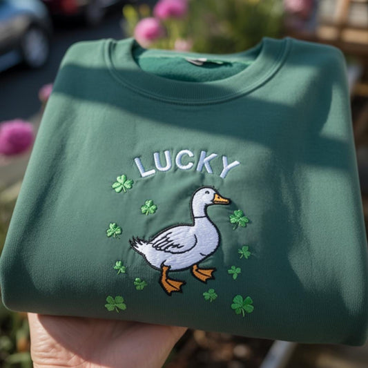 Lucky Goose St Patrick's Day Embroidered T-shirt, Funny Clover Top, Irish Shamrock Apparel, Cute Animal Sweatshirt, Green Holiday Tee Shirt