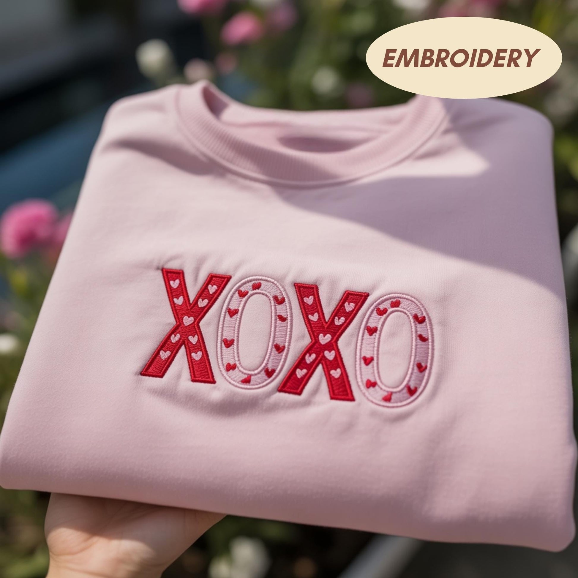 XOXO Valentine Embroidered T-shirt, Cute Hearts Lettering Top, Romantic Love Apparel, Aesthetic Hugs Kisses Sweatshirt, Valentine Tee Shirt