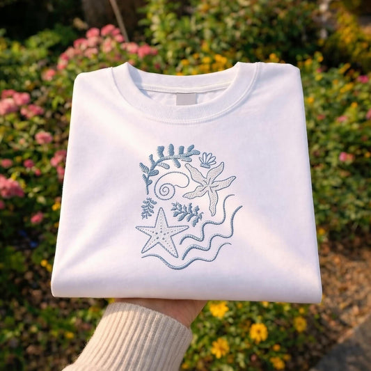 Shirt Seashell Embroidered Shirt, Starfish Ocean Shirt, Coastal Minimal Art Shirt