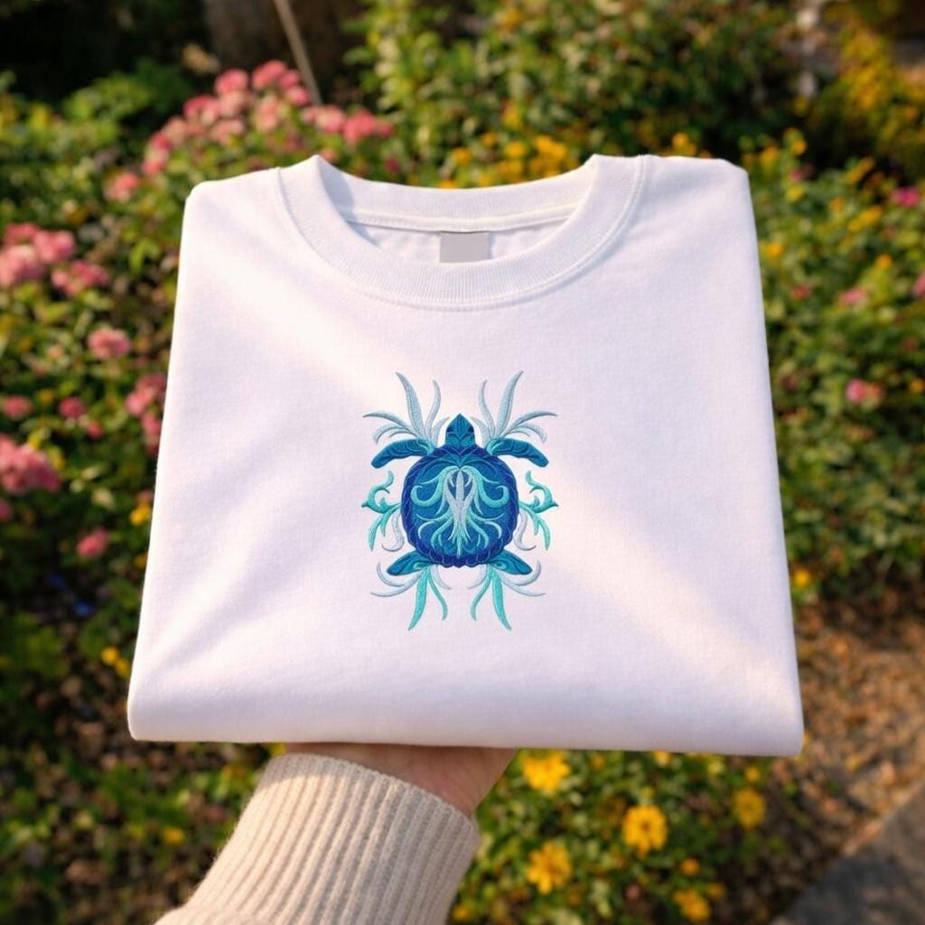 Shirt Blue Turtle Mandala Embroidered Shirt, Ocean Turtle Art Shirt, Mystical Aesthetic Shirt