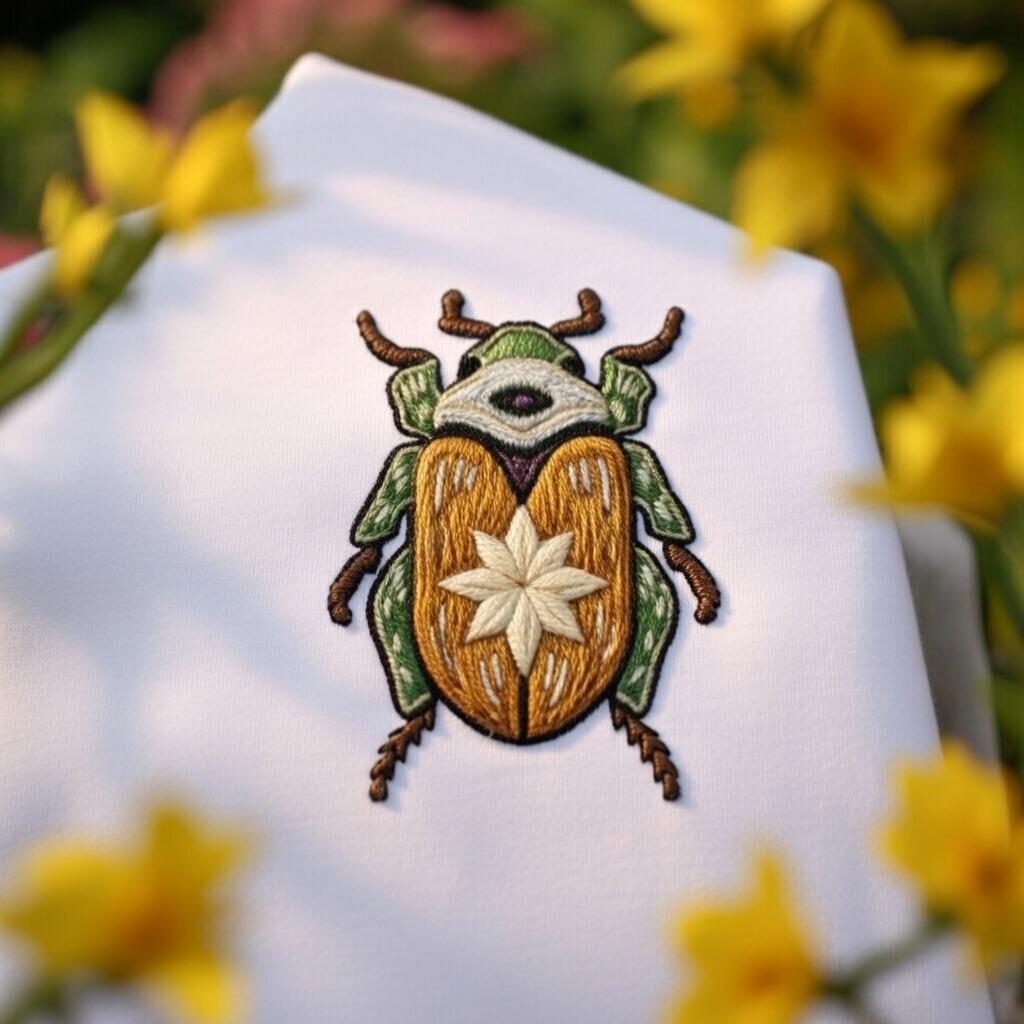 Embroidered Beetle Shirt, Botanical Insect Art, Minimal Folk Style
