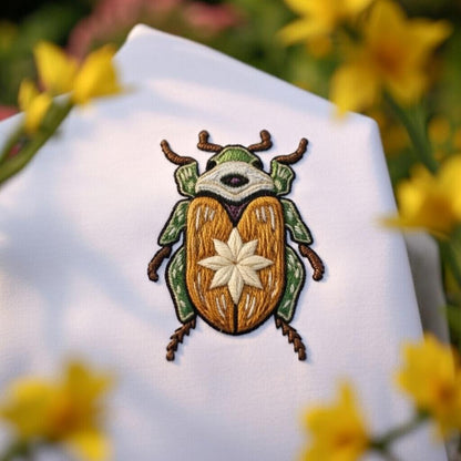 Embroidered Beetle Shirt, Botanical Insect Art, Minimal Folk Style