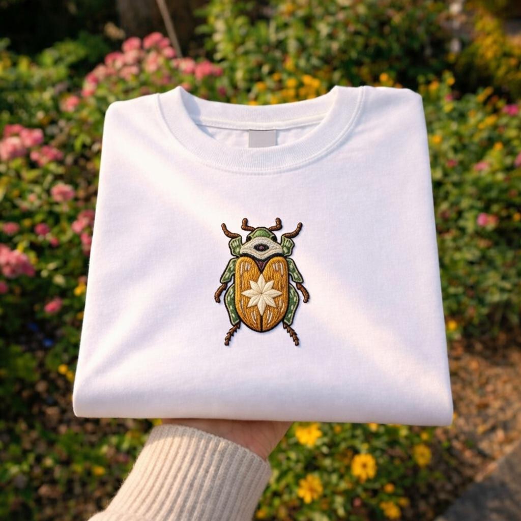 Embroidered Beetle Shirt, Botanical Insect Art, Minimal Folk Style