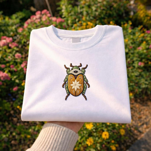 Embroidered Beetle Shirt, Botanical Insect Art, Minimal Folk Style