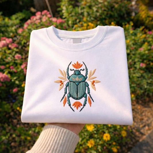 Shirt Embroidered Beetle Floral Shirt, Botanical Insect Folk Art Shirt, Cottagecore Nature Unisex Gift