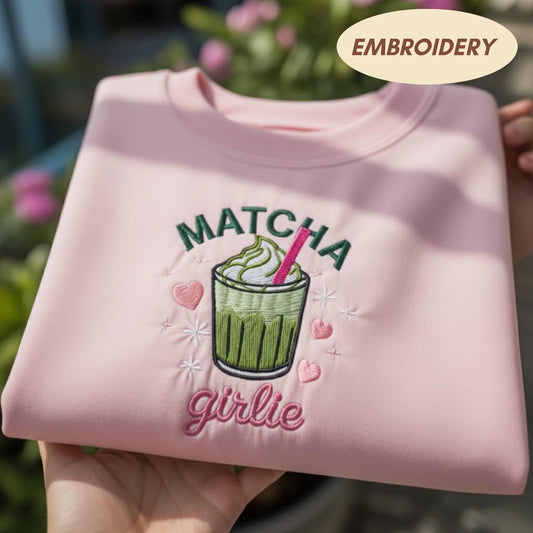 Lucky Matcha Girlie Embroidered Sweatshirt, St Patricks Day Apparel, Green Clover Tea Top, Matcha Lover Gift Sweater, St Pattys Day Gift Top