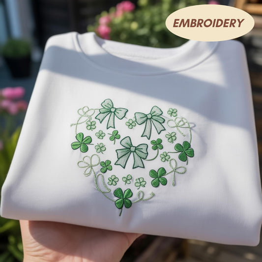 Shamrock Heart Bows Embroidered Sweatshirt, St Patrick Day Shirt, Irish Clover Apparel, Lucky Coquette Crewneck, Aesthetic Ireland Sweater