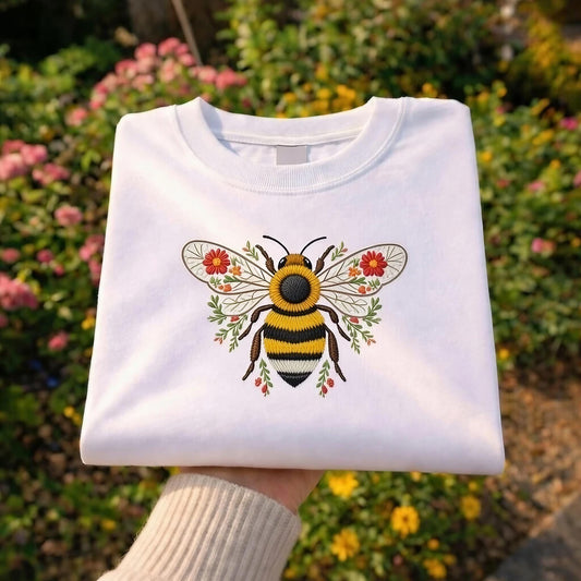 Embroidered Bee Shirt, Floral Botanical Design, Cottagecore Gift