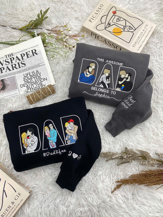 Custom Photo Embroidery Sweatshirt: Varsity Mom Dad Portrait, Dad Portrait Embroidered Sweatshirt, Photo Dad Life Crewneck, Portrait Shirt