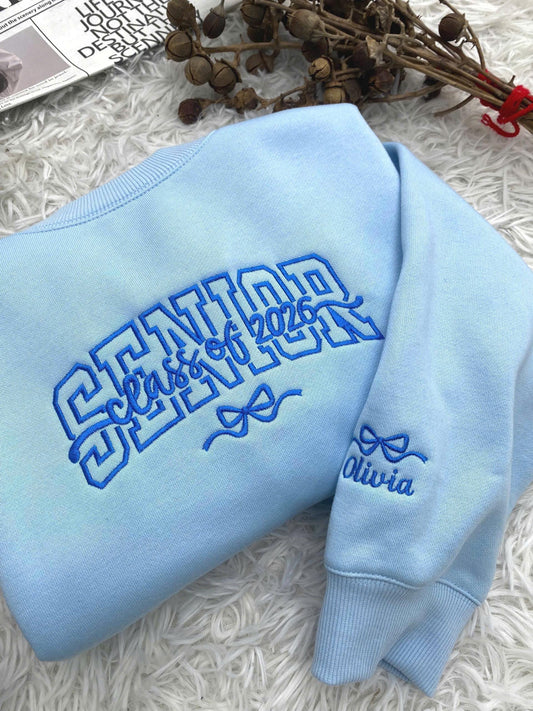 Custom Senior Class of 2026 Embroidered Sweatshirt, Personalized Graduation Gift, Aesthetic Baby Blue Senior Crewneck, Graduation Apparel