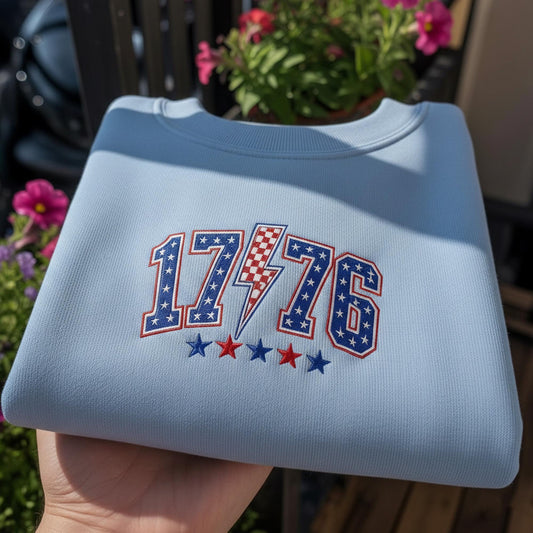 1776 Lightning Bolt Embroidered Sweatshirt, Patriotic Stars and Stripes Crewneck, USA Independence Day Gift, Trendy Americana Fourth of July