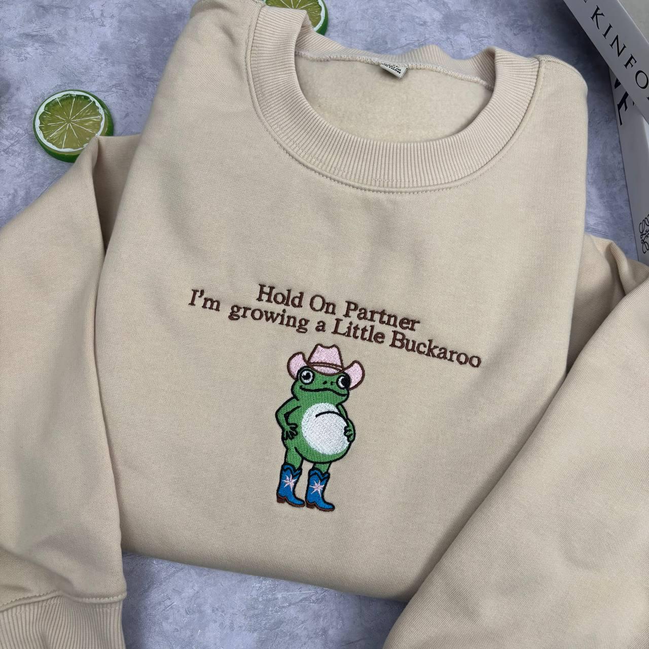 Growing A Little Buckaroo Embroidered Sweatshirt, Funny Frog Pregnancy Announcement Valentine Gift, Western Cowboy Baby Reveal Shirt