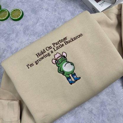 Growing A Little Buckaroo Embroidered Sweatshirt, Funny Frog Pregnancy Announcement Valentine Gift, Western Cowboy Baby Reveal Shirt