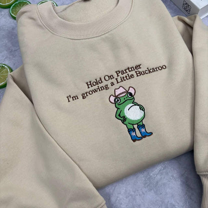 Growing A Little Buckaroo Embroidered Sweatshirt, Funny Frog Pregnancy Announcement Valentine Gift, Western Cowboy Baby Reveal Shirt