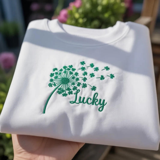 Lucky Shamrock Dandelion Embroidered Shirt, St Patricks Day Apparel Top, Irish Flower Gift Shirt, Lucky Clover Top, Green Holiday Apparel