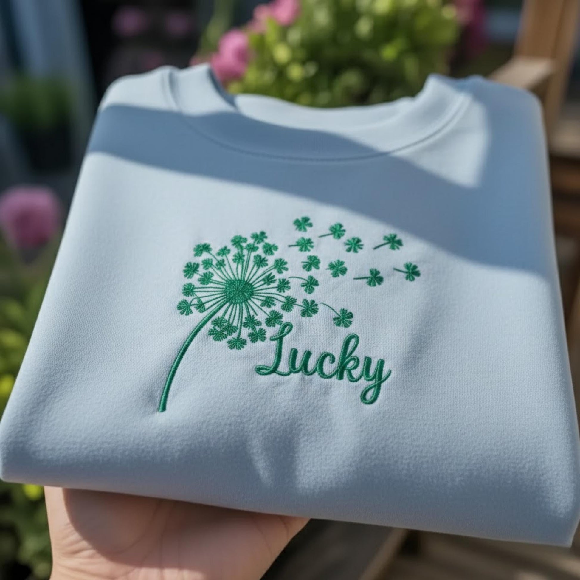 Lucky Shamrock Dandelion Embroidered Shirt, St Patricks Day Apparel Top, Irish Flower Gift Shirt, Lucky Clover Top, Green Holiday Apparel