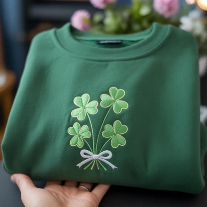 St Patricks Day Shamrock Bouquet Embroidered Shirt, Lucky Clover Apparel Top, Irish Flower Gift Shirt, Green Holiday Top, Lucky Apparel Top