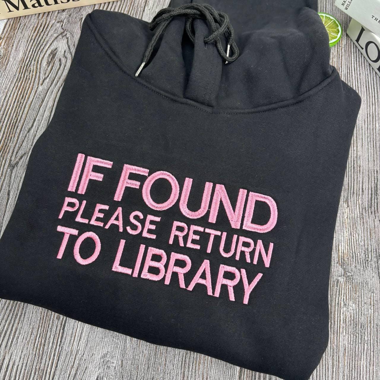 If Found Return To Library Embroidered Shirt, Custom Text Sweatshirt, Black On Black Embroidery, Book Lover Gift, Dark Academia, Librarian